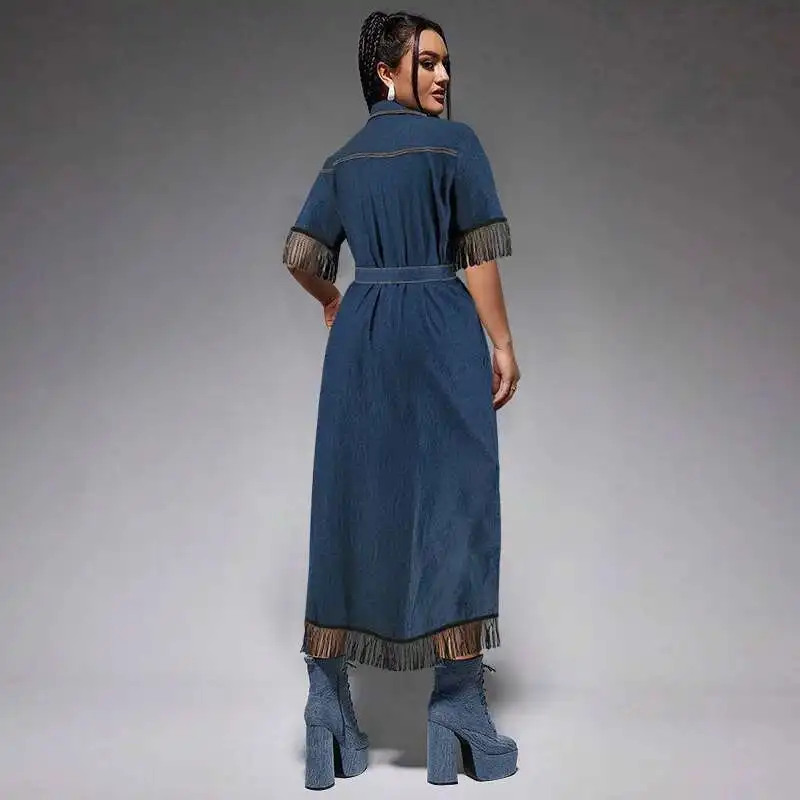 218383   Plus rozmiar damska z krótkim rękawem i frędzlami zapinana na guziki sukienka z paskiem w talii seksowna sukienka 2025 Party lato Elegantes Casual Y2k