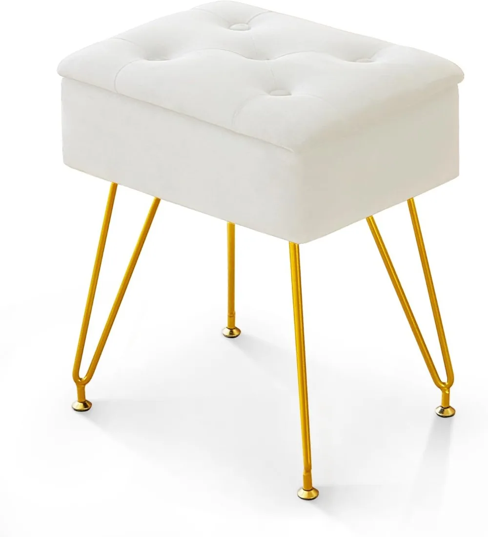 

Vanity Stool Chair with Storage,Square Velvet Makeup Vanity Chair with Metal Legs & Adjustable Gold Feet,for Bedroom Living Room