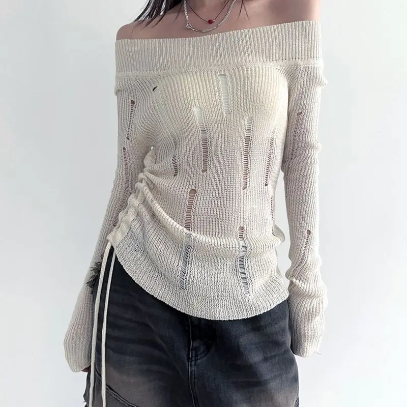 

Knit Sweater One Shoulder Off Shoulder Ripped Side Drawstring See Through Slash Neck Solid Sweater For Spring Fall Women’S