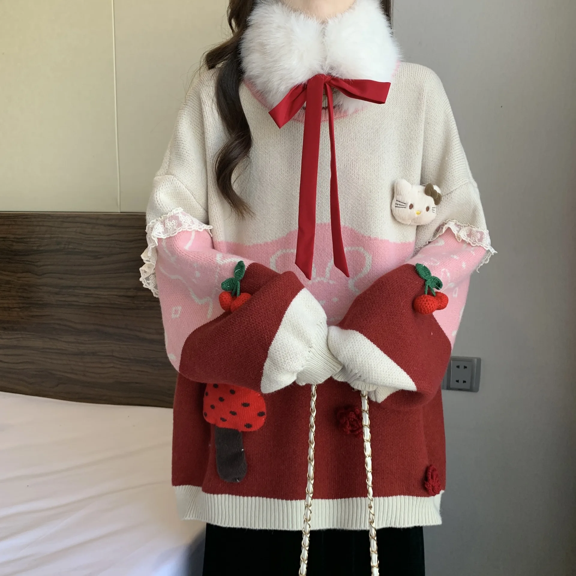 Oversized women red Christmas sweater With scarf 2 pcs tops winter soft and waxy thickened sweater Strawberry pull jumpers