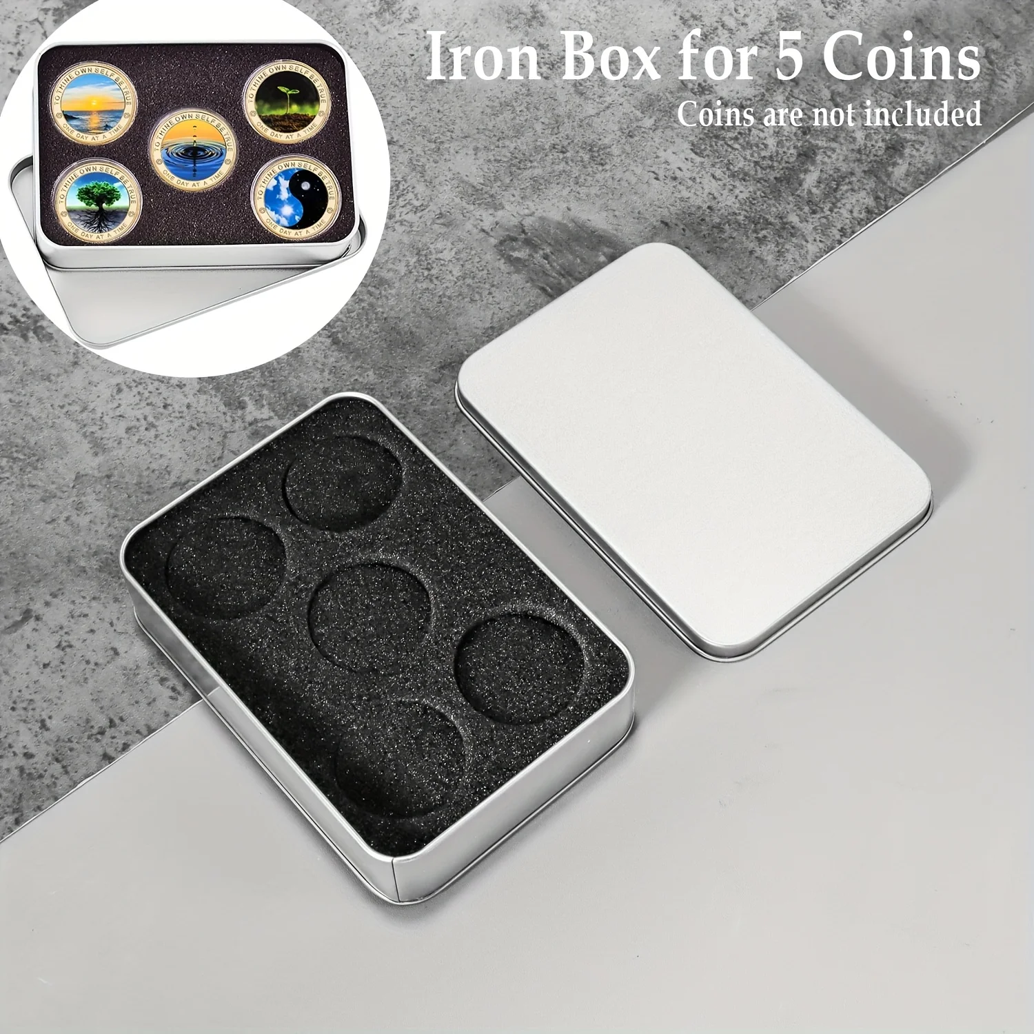 1pc Rectangular Tinplate Box for 5 Coins Tin Coin Case Challenge Military Coin Collection Holder Storage Box Collector Organizer