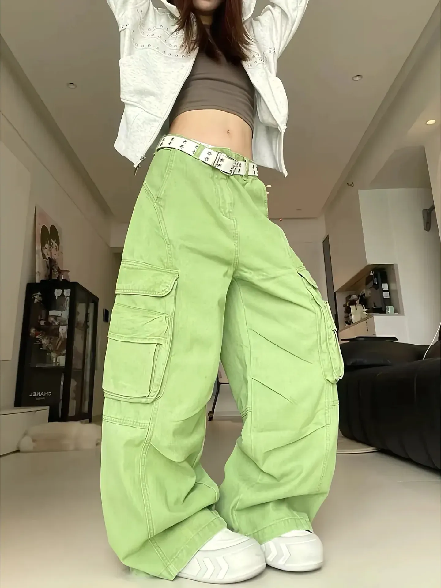 Women Y2K Vintage Deconstructed Spliced Jeans Autumn Multi-Pocket Wide Leg Curved Pants Streetwear Baggy Denim Trousers