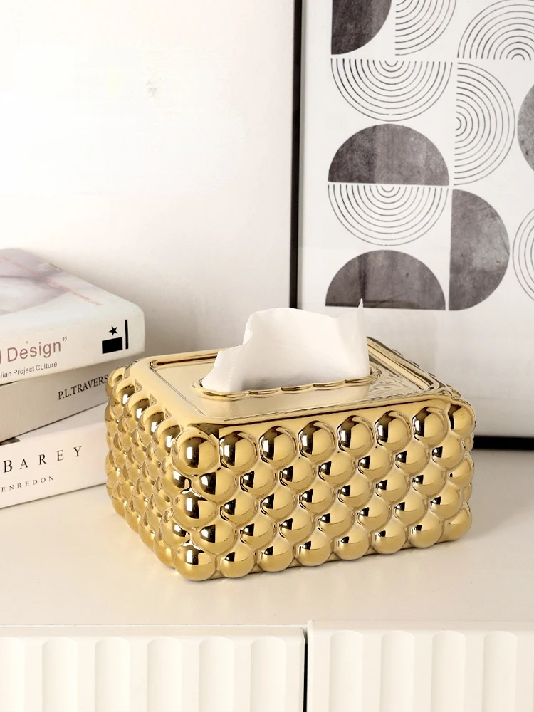 Ceramic Tissue Box Golden Polka Dot Bump Desktop Storage Organization Napkin Holder Dining Table Paper Napkins