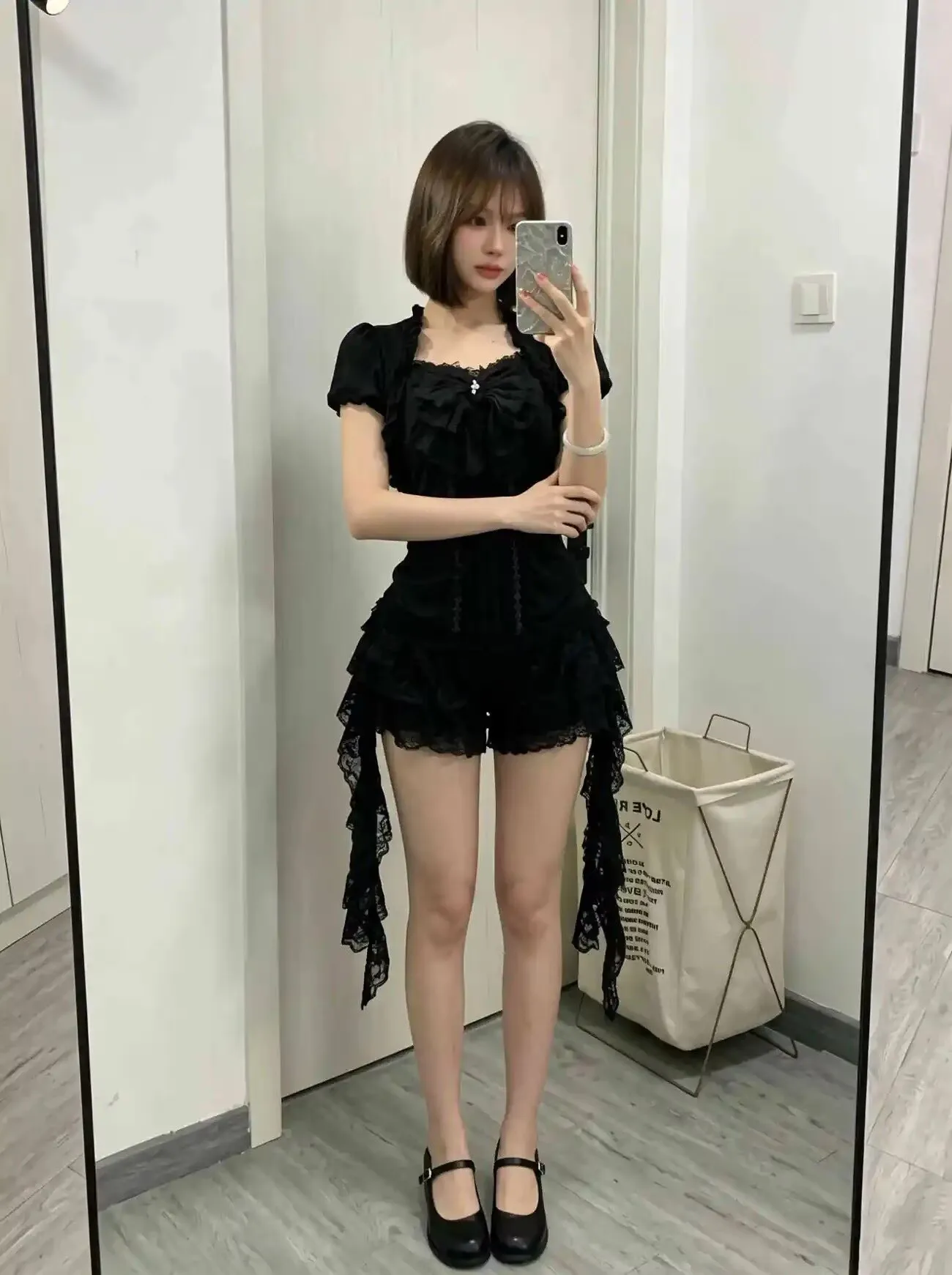 Aesthetic Gothic Lolita Black Lace 3 Piece Skirt Set Women Puff Sleeve Cardigan+Bow Cami Y2K Tops+Cake Mini Skirt Kawaii Outfit