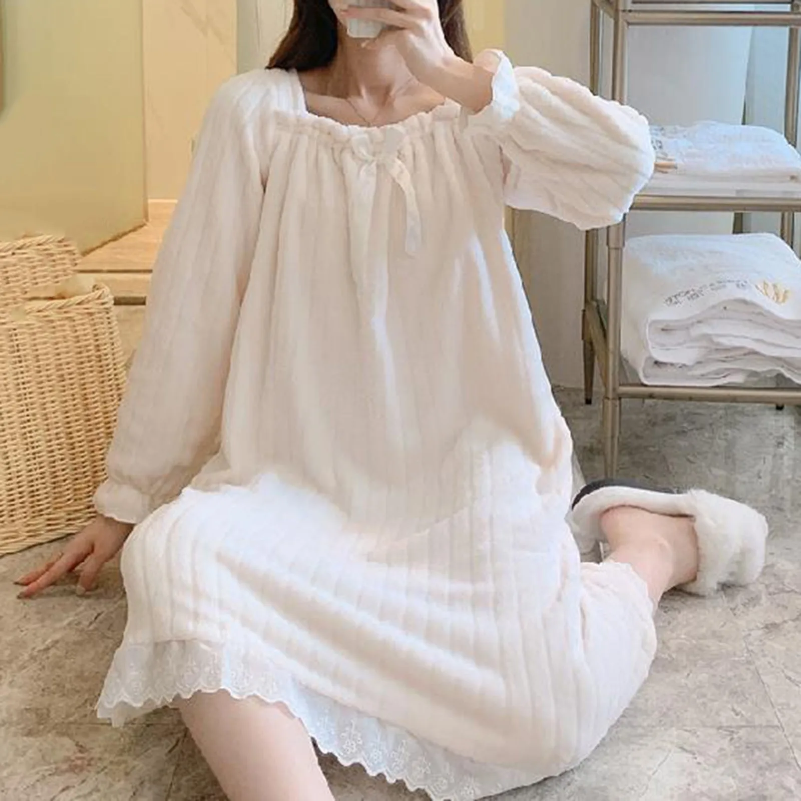 Cute Sweet Flannel Princess Sleep Dress Autumn Winter Warm Soft Long Sleeve Square Neck Nightgown Outdoors Homewear Nightdress