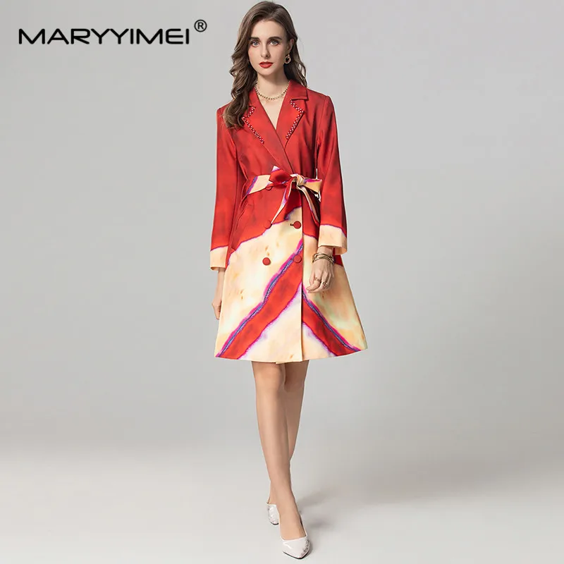 MARYYIMEI Autumn and winter New Style Coat Long-Sleeved Notched Double-breasted Lace-Up Slim Color Block Patchwork Overcoat