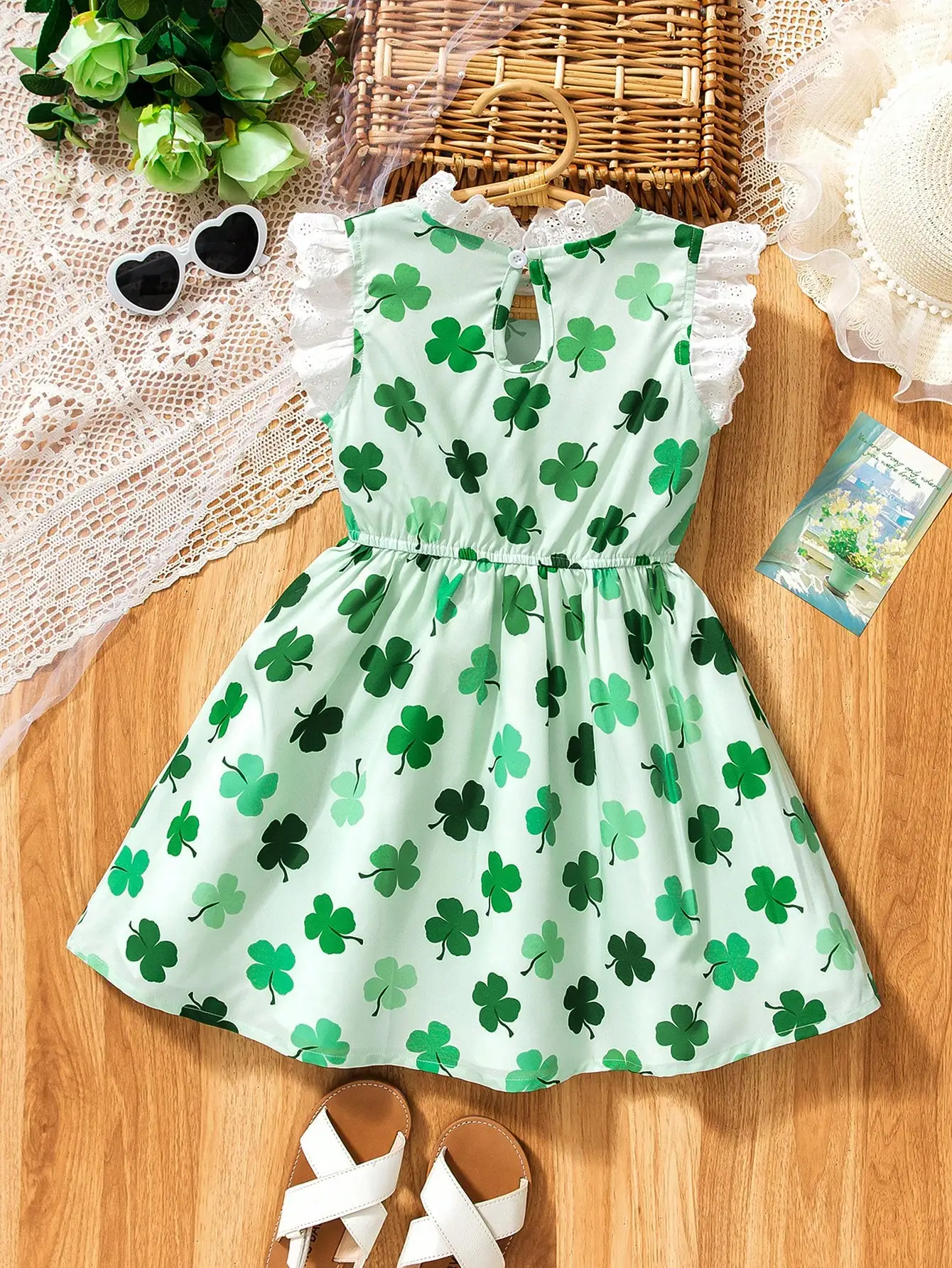 فستان بناتي بطبعة البرسيم من 4 إلى 7 سنوات |   خفيفة الوزن ومريحة |   النعناع الأخضر |   ملابس عائلية للربيع والصيف للسفر