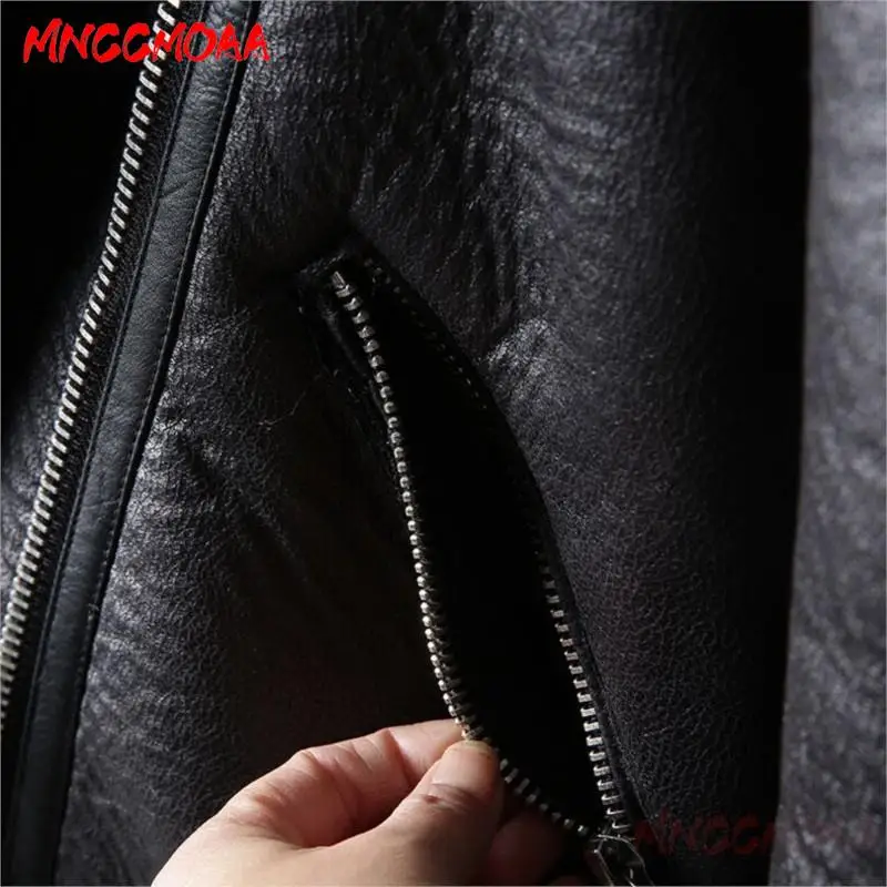 MNCCMOAA-Women\'s Thick Warm Lamb Wool Faux Fur Leather Jacket Casual Zip Outwear Female Coat High Quality Autumn Winter 2024