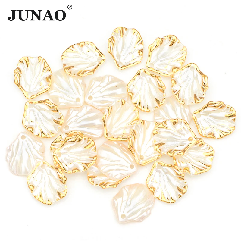 JUNAO 16mm 50pc White Shell Pearl Beads Golden Edge Sewing Pearl Rhinestones Fancy Imitation Pearl For DIY Jewelry Making