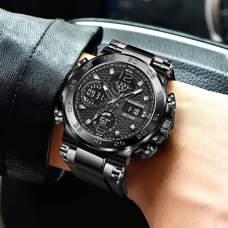 FOXBOX ساعات رجال الأعمال الفاخرة غواص الرياضة ساعة رجالي موضة عسكرية مقاوم للماء كرونوغراف كوارتز ساعة اليد Reloj Hombre #6