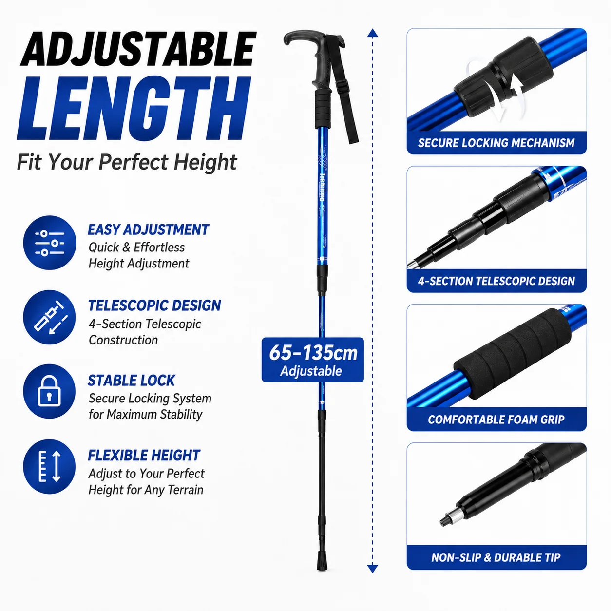 Adjustable Walking Cane Foldable Trekking Pole Lightweight Aluminum Hiking Stick Anti Slip Tip Travel Support for Senior Outdoor