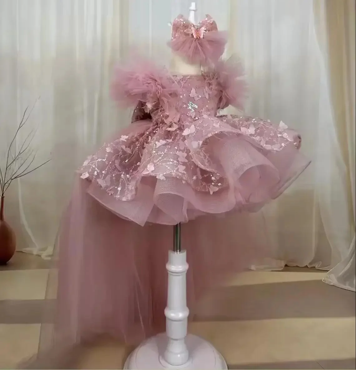 Customized Pink Flower Girls Dresses For Wedding Applique Bow With Trailing Lilttle Birthday Pageant Party Communion Gown