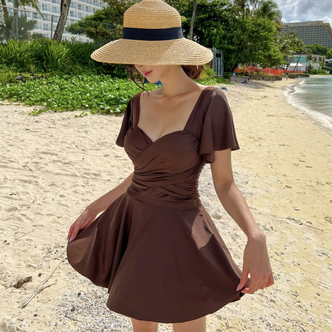 New 2023 One Piece Solid French Swimwear Conservative Slim Steel Bracelet Dress Hot Spring Beach Surfing Holiday Swimwear Female