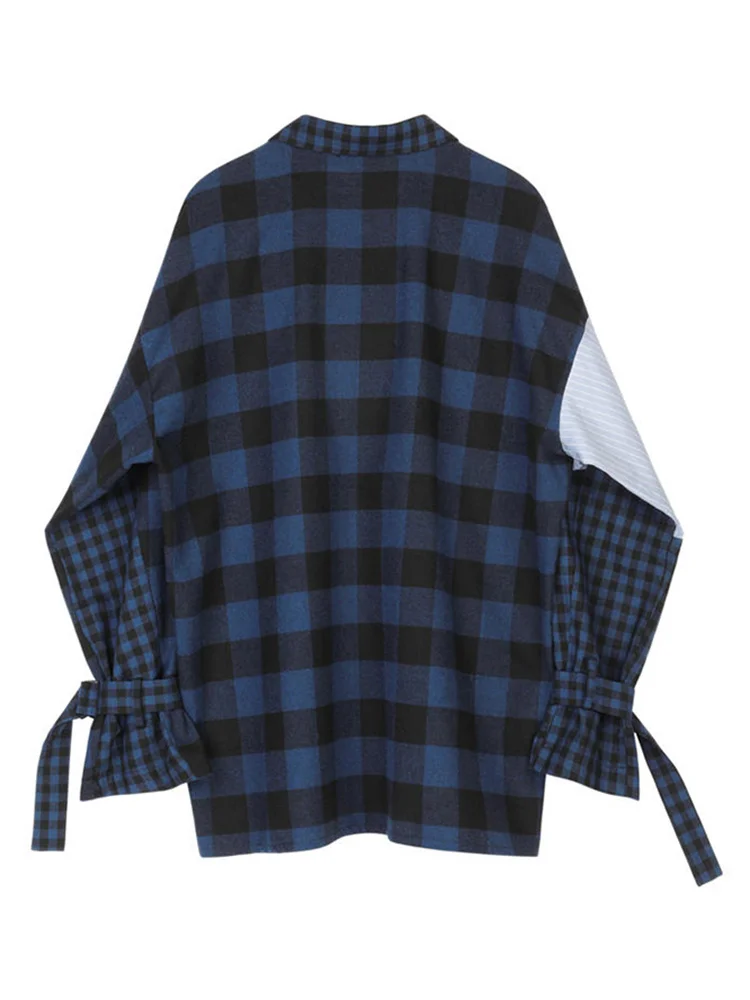 [EAM] Women Dark Blue Striped Big Size Blouse New Lapel Long Sleeve Loose Fit Shirt Fashion Tide Spring Autumn 2023 1Z254