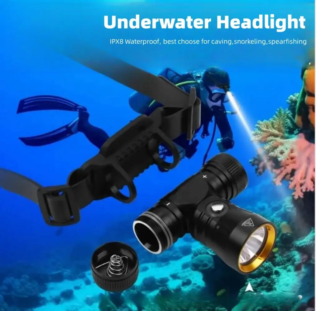 LED Diving Headlamp Rechargeable 8000 Lumen Rechargeable Underwater Head Flashlight 3 Modes IPX8 Waterproof Scuba Dive Light