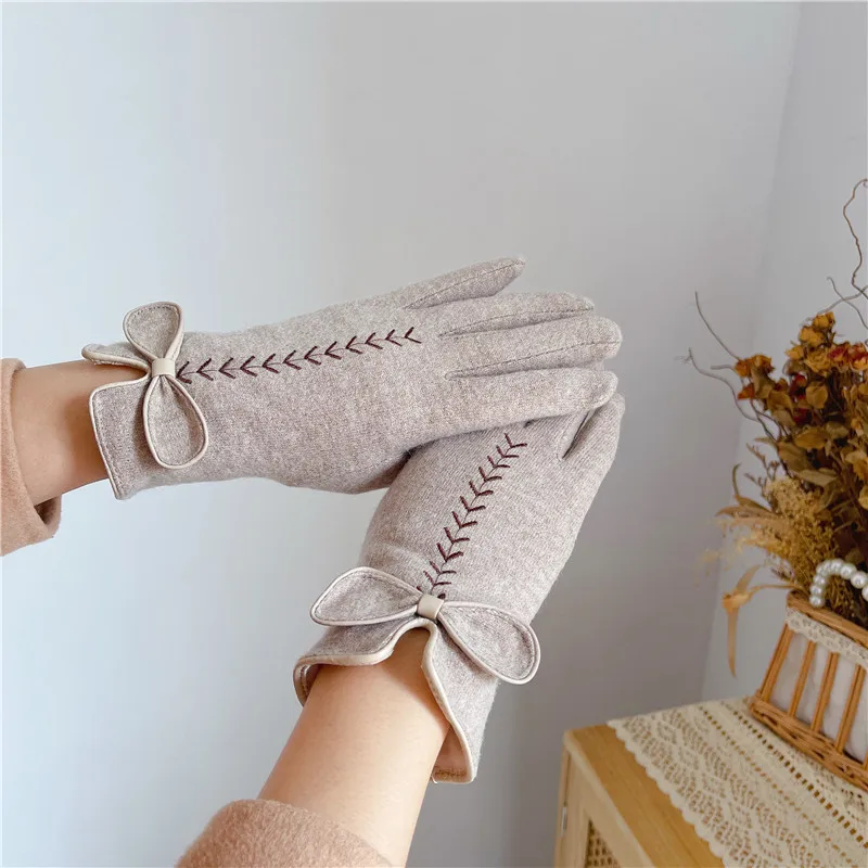 Warm Gloves Winter Women's Fleece-lined Thickened Bow Wheat Wool Gloves Autumn and Winter Driving and Biking Touch Screen