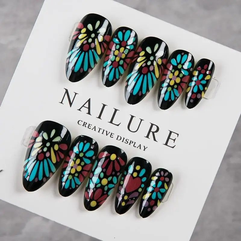 Stained Glass Colorful Floral Press On Nails Medium Almond Fake Nails Black Base Glossy Bohemian False Nail Tips Women Party DIY