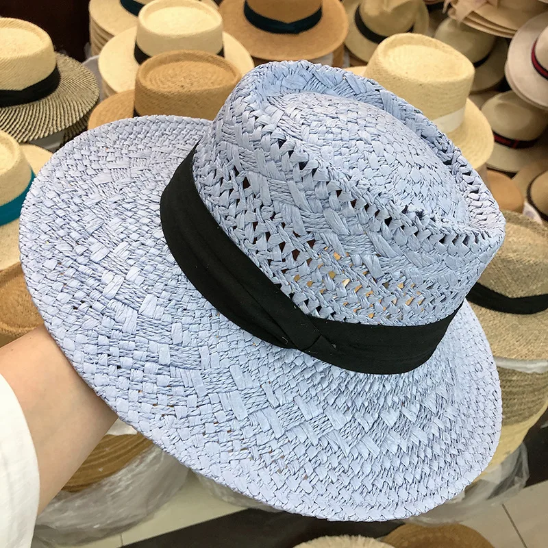 

Hollow hook flower straw hat French elegant anti-ultraviolet beach leisure outdoor shopping wear women's blue summer straw hat