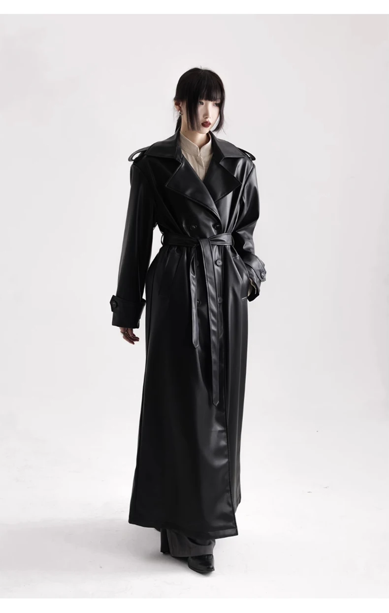 Lautaro Spring Autumn Extra Long Black Soft Pu Leather Trench Coat for Women Double Breasted Loose Casual Korean Fashion 2024