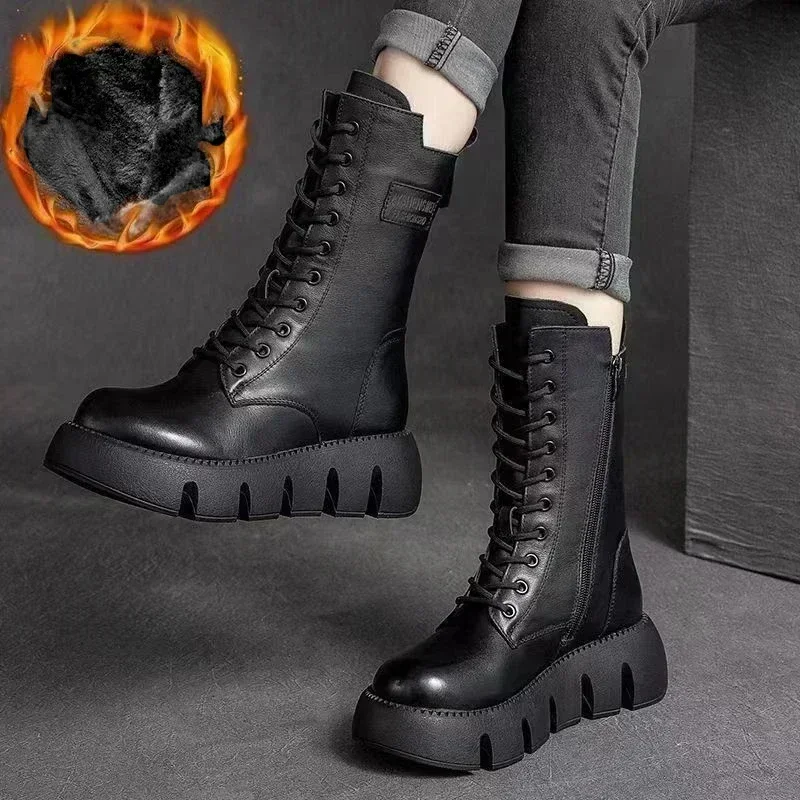 Winter Leather Women Boots 2024 Short Plush Mid-heel Snow Boots Lace Up Warm Lady Platform Biker Ankle Boots for Women Shoes