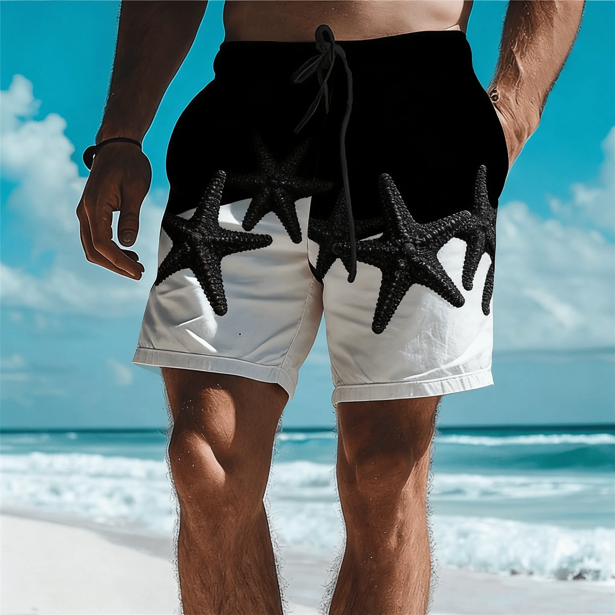 Men's Black White Color Block Ink Jellyfish Print Drawstring Shorts, Summer Mysterious Ocean Casual Shorts, Loose Beach Shorts