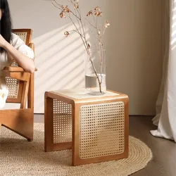 Wabi-sabi Estilo Mesa Lateral De Madeira Maciça Rattan, Japonês Varanda Janela Sofá Pequena Mesa De Chá, Placeholder em Mesa De Cabeceira Retro Sub