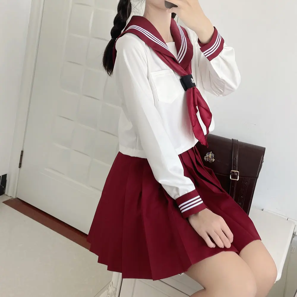 Frühling Herbst Langarm JK Uniform Wein rot drei Linien Matrosen Anzug Mädchen Falten rock Set Schule Outfits Anime Cos Kostüme