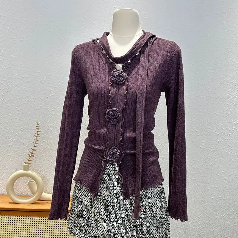 

Sweet Three Dimensional Flower Ribbon Pullovers Slim V-neck Knitted Top Spring Autumn Long Sleeve Women Sweater