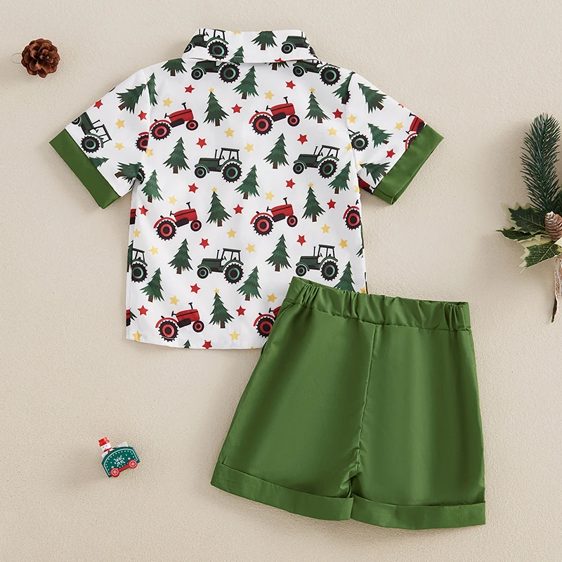 Toddler Boy Christmas Outfit, Tractor Tree Short Sleeve Button Down Shirt Solid Elastic Waist Shorts 2 Piece Set image 3