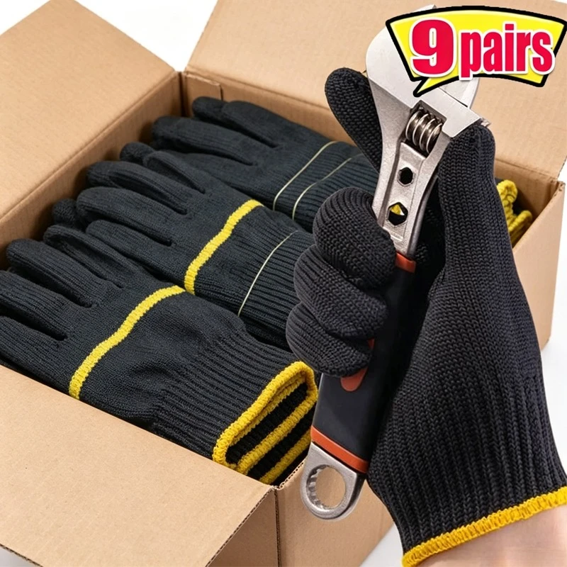 3-9pairs Breathable Work Black Gloves Cotton Thread Anti Slip Wear Resistant Labor Protection Construction Auto Repair Nylon