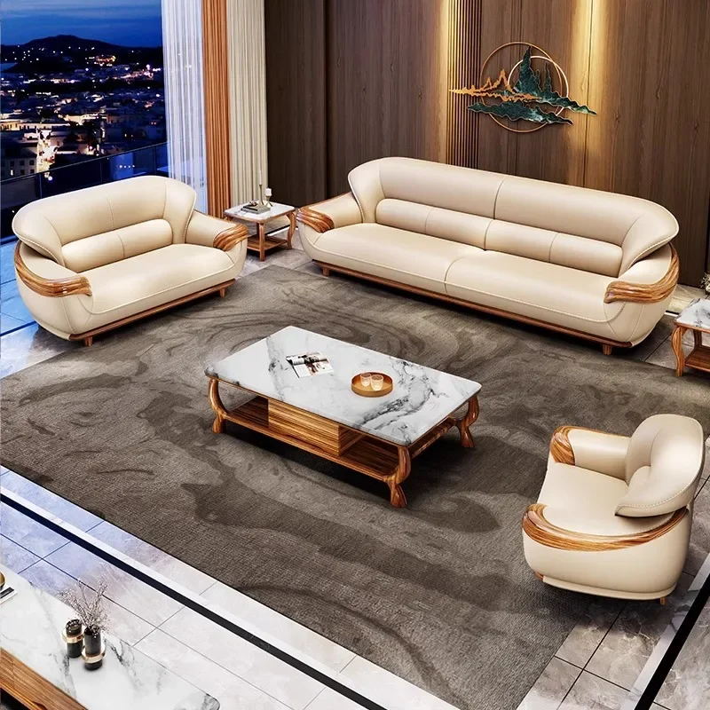 

Modern new Chinese ebony sofa top layer cowhide high-end living room leather sofa