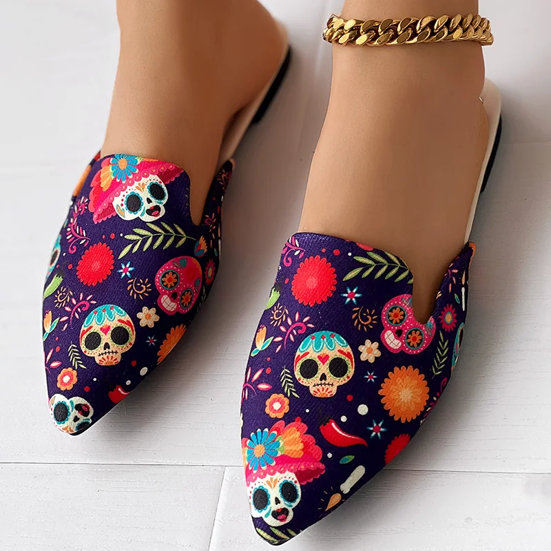 Fashion Women Point Toe Shoes Flat Casual Home Wear Vacation Halloween Skull Head Print Slippers Point Toe Mules