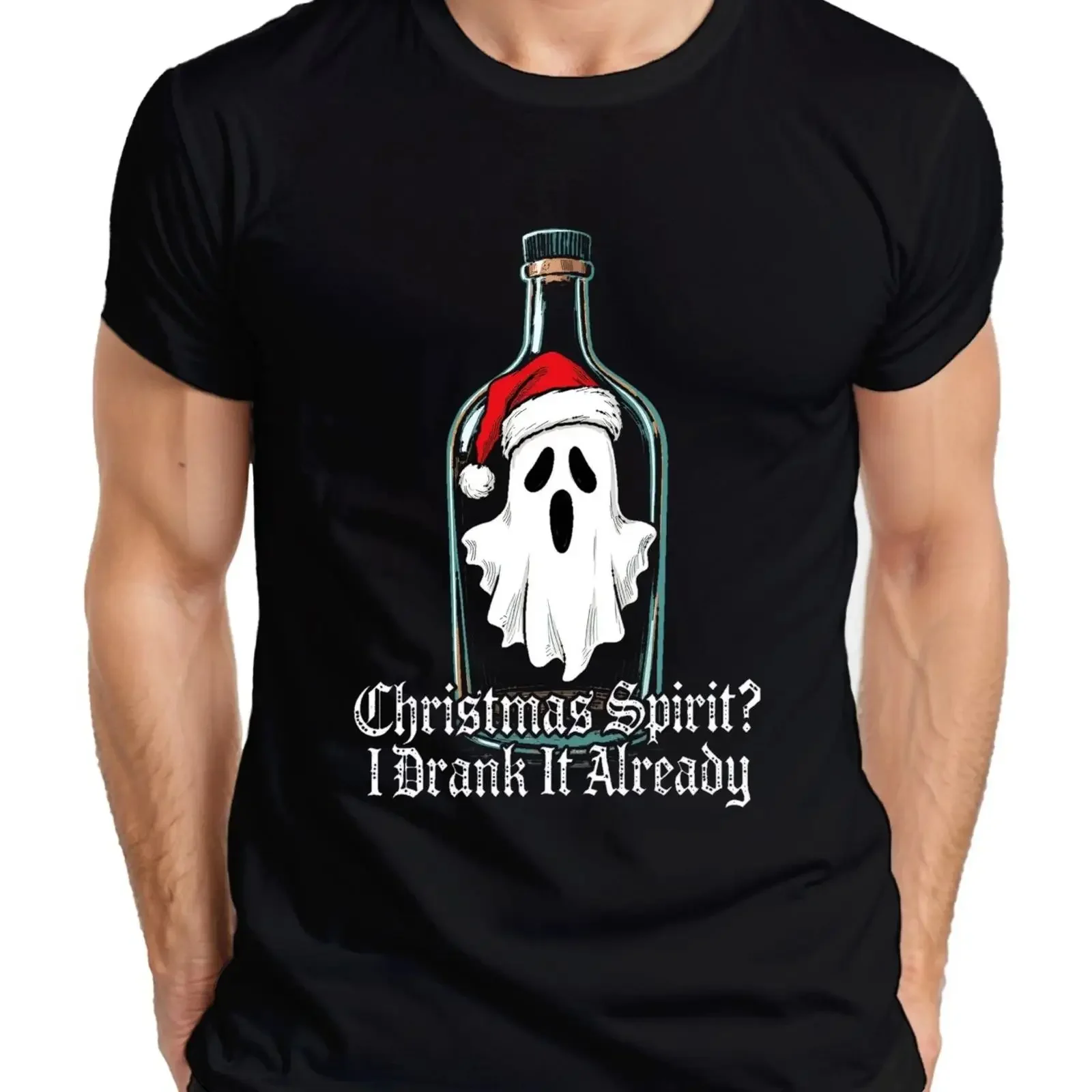 Christmas Spirit I Drank It Already Ghost Bottle Santa Hat Funny Men's T Shirt vintage Washed graphic Versatile Stylish