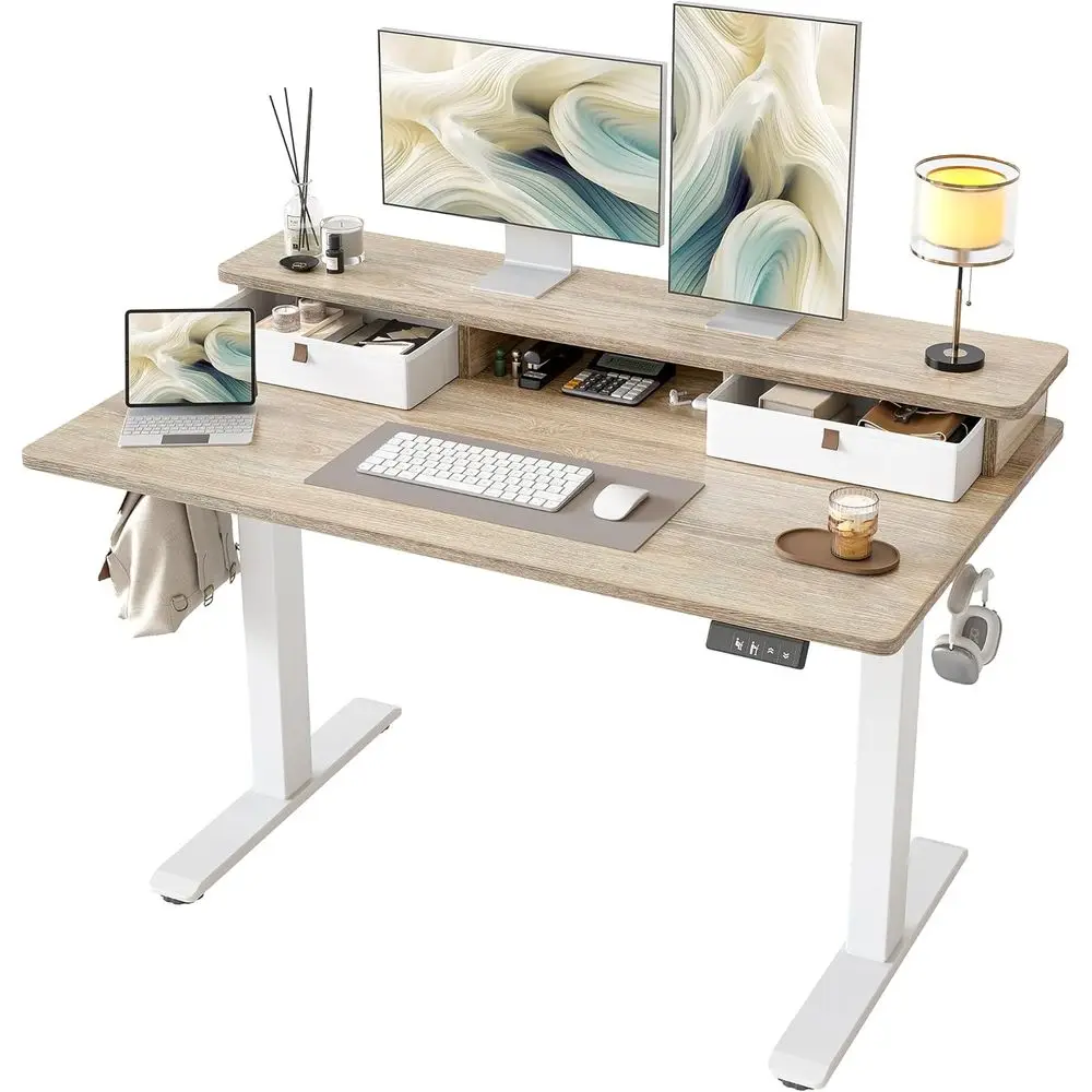 Adjustable Height Electric Standing Desk 48x24 Inches with Dual Drawers, Storage Shelf, and Maple Finish