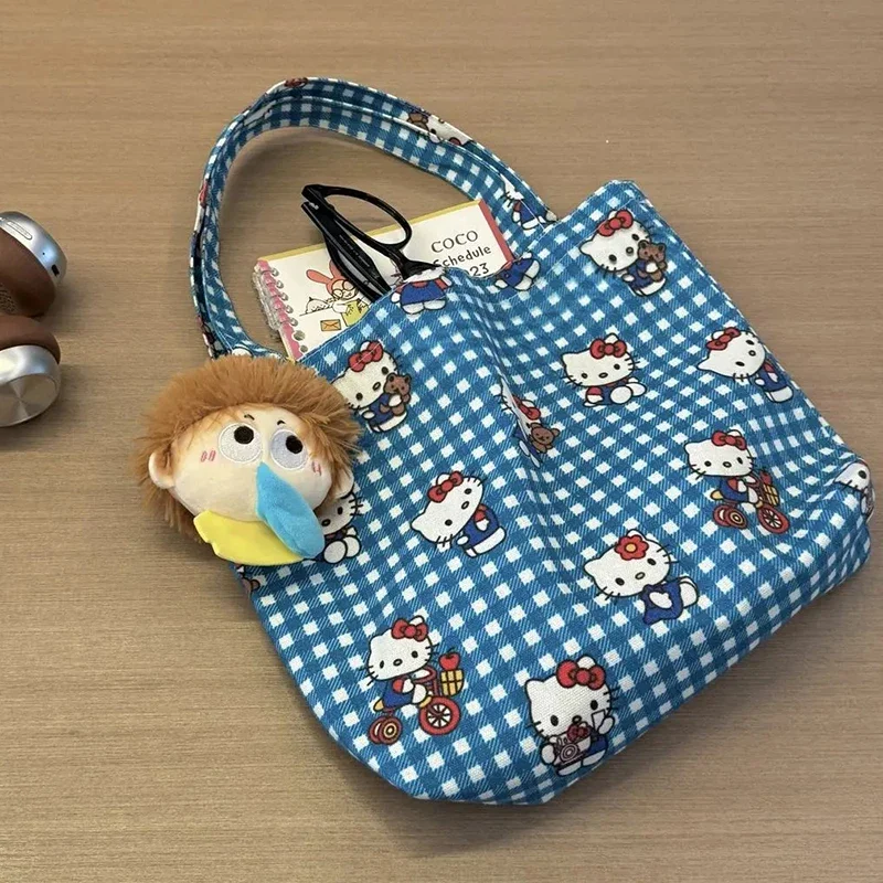 Kawaii Hello Kitty Sanrios Handbag Fashion Girls Portable Blue Plaid High Capacity Lunch Bag Travel Cosmetics Storage Pouch Gift