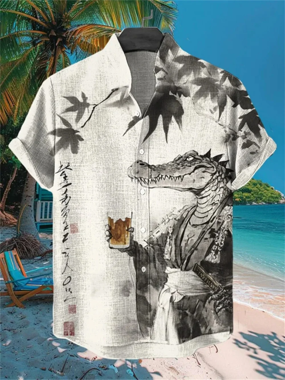 

Men's Crocodile Print Short Sleeve Button Cardigan Fashionable Stand up Collar Hawaiian Beach Casual Breathable Linen Shirt