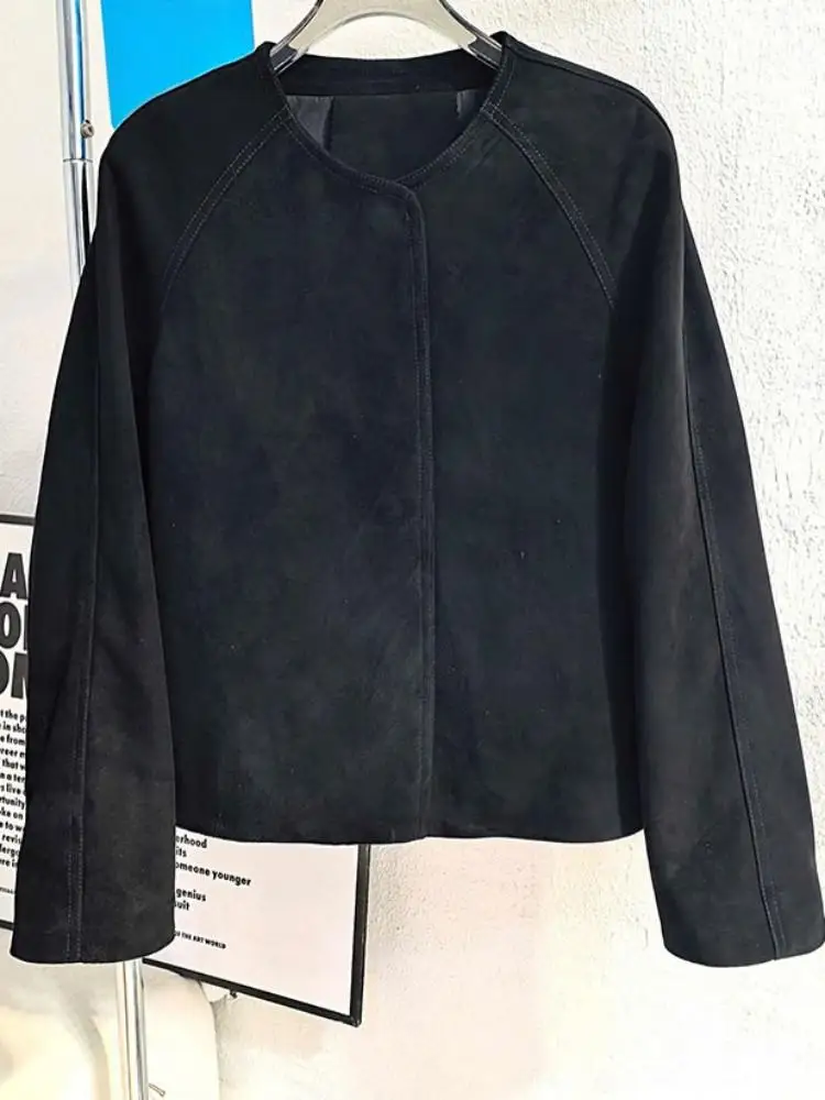 Büro Damen Einfarbig Echtes Leder Kurze Jacke Top Qualität Schlank Rundhals Freizeit Lange Ärmel Schaffell Oberbekleidung