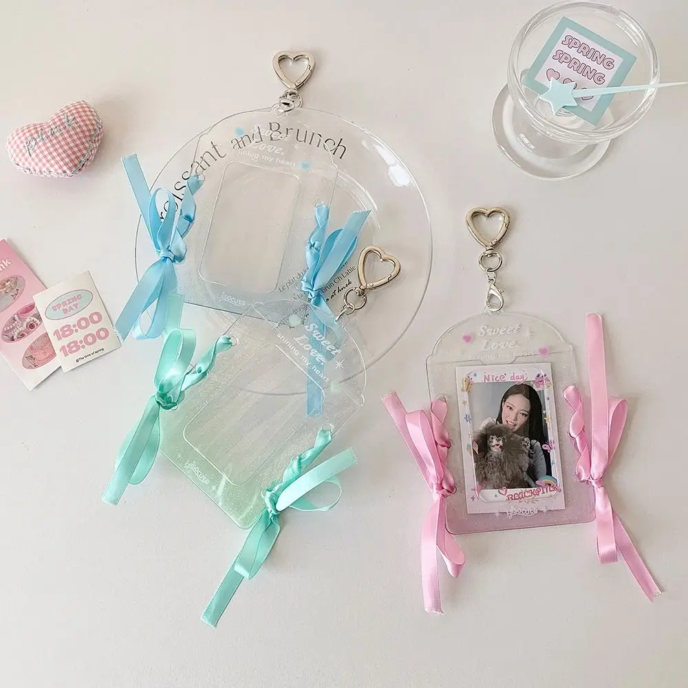 With Keychain DIY Ribbon Photocard Holder PVC Card Cover Love Heart Pendant ID Photo Photocard Frame Korean Style