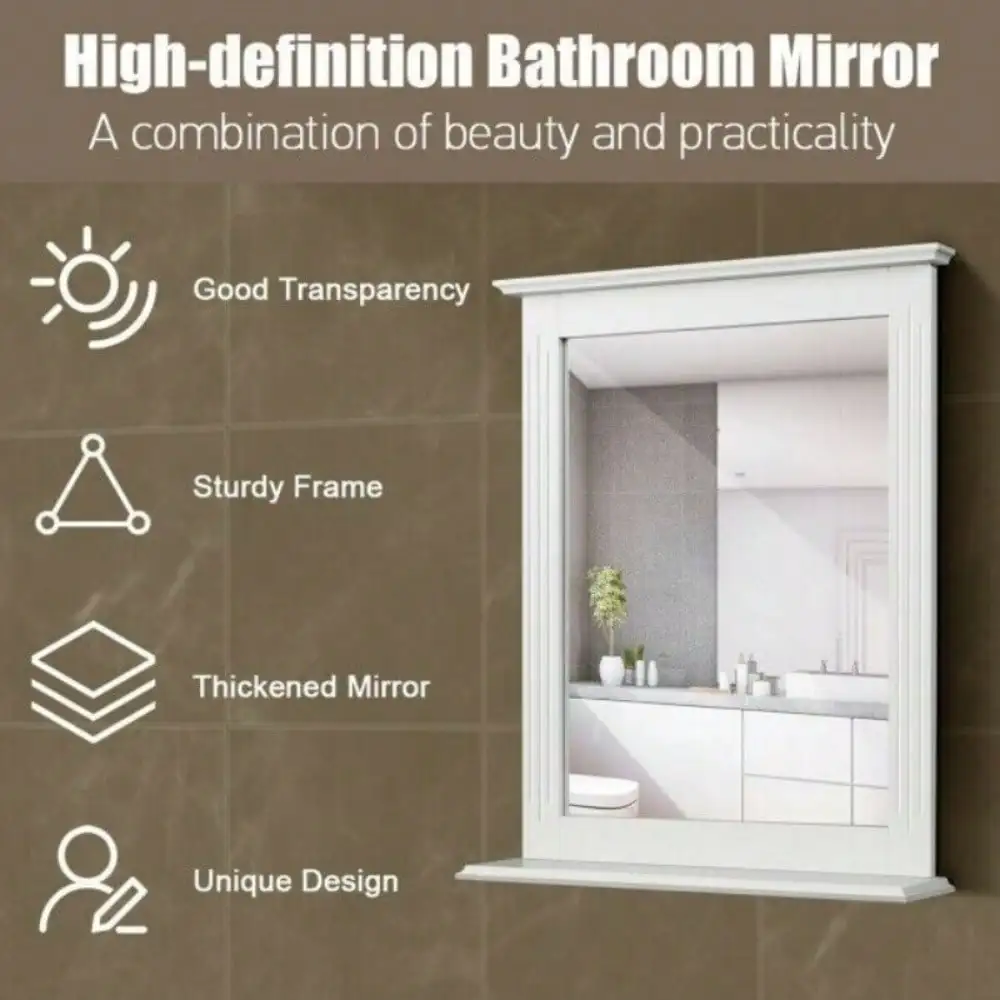 Bathroom Wall-Mounted Mirror W/ Shelf Vanity Makeup Mirror Multipurpose White