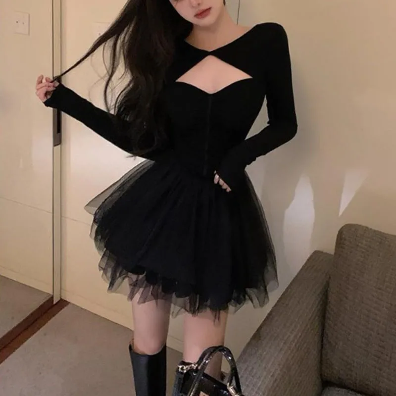 Sukienka damska czarna bufiaste krótkie spódniczki jesień nowy francuski styl sukienka z siateczki spódnica księżniczki