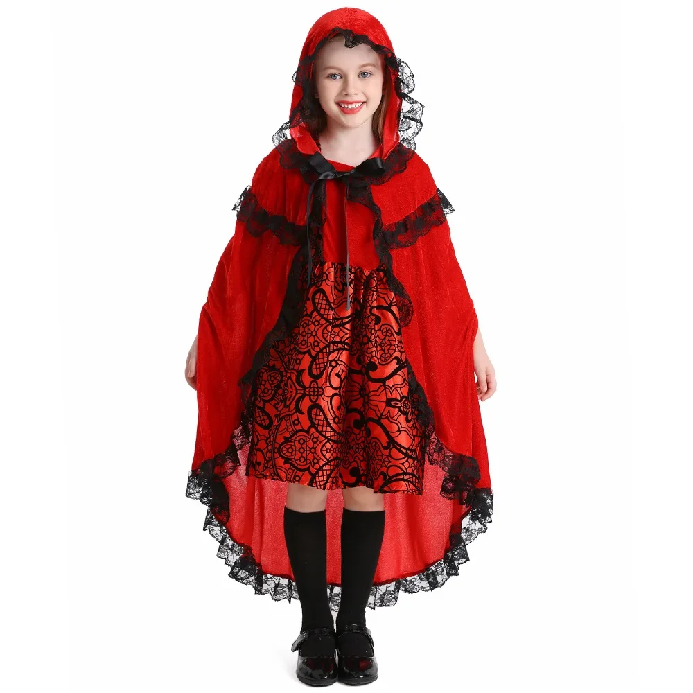 

Kids Halloween Little Red Riding Hood Cosplay Costumes With Cloak Medieval Fairy Tale Performance Outfit Carnival Party Dress Up