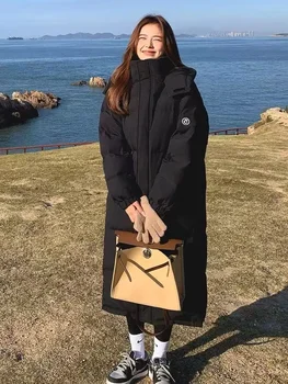 Jaqueta puffer longa e preta feminina, casaco acolchoado de algodão, parka grossa e quente, moda coreana, inverno, nova