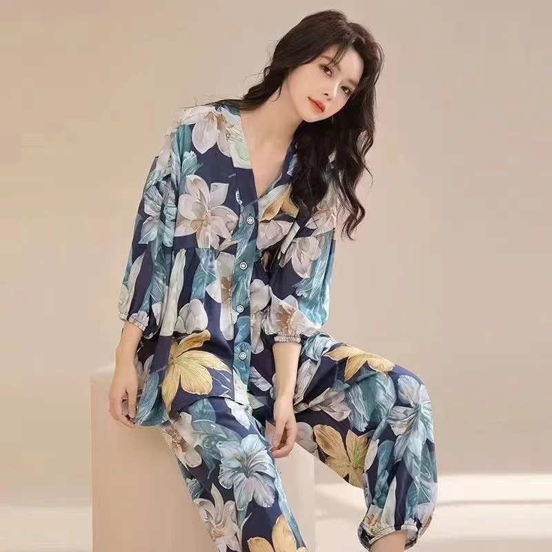 Women\'s Cotton Pajamas Summer Autumn Long-sleeved Trousers Sleepwear Loose Home Wear Print Nightwear Loungewear Pajamas Set