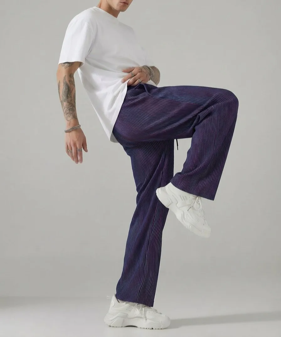 

Men's youthful school-style non-iron stretch trendy casual gradient-striped hip-hop straight-legged drawstring pants