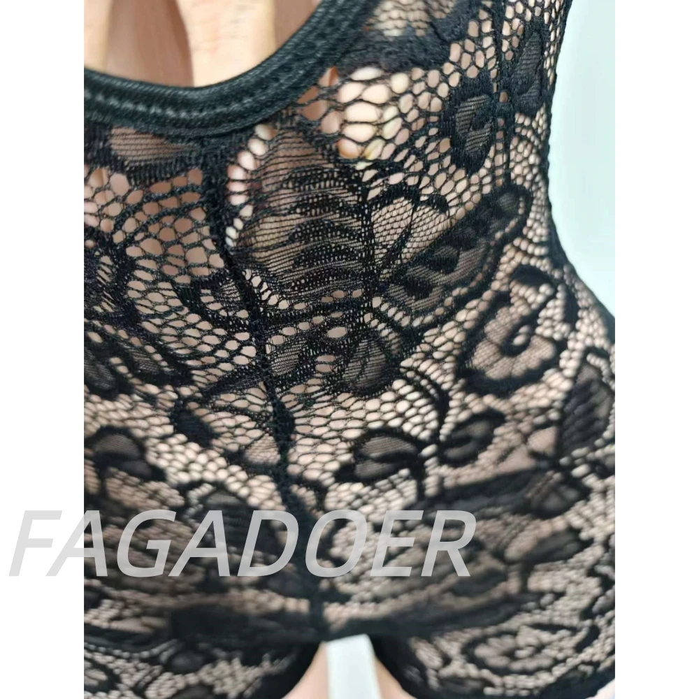 Fagadoer sexy renda oco-para fora retalhos bodycon macacão feminino ver através de mangas compridas macacão feminino streetwear novo