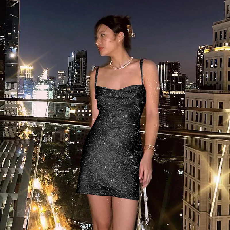 

Knitted Glitter Backless Women Camisole Dress Pleated Waisted Bandage Skirt New Fashion Multiple Colors Prom Skirt In Stock