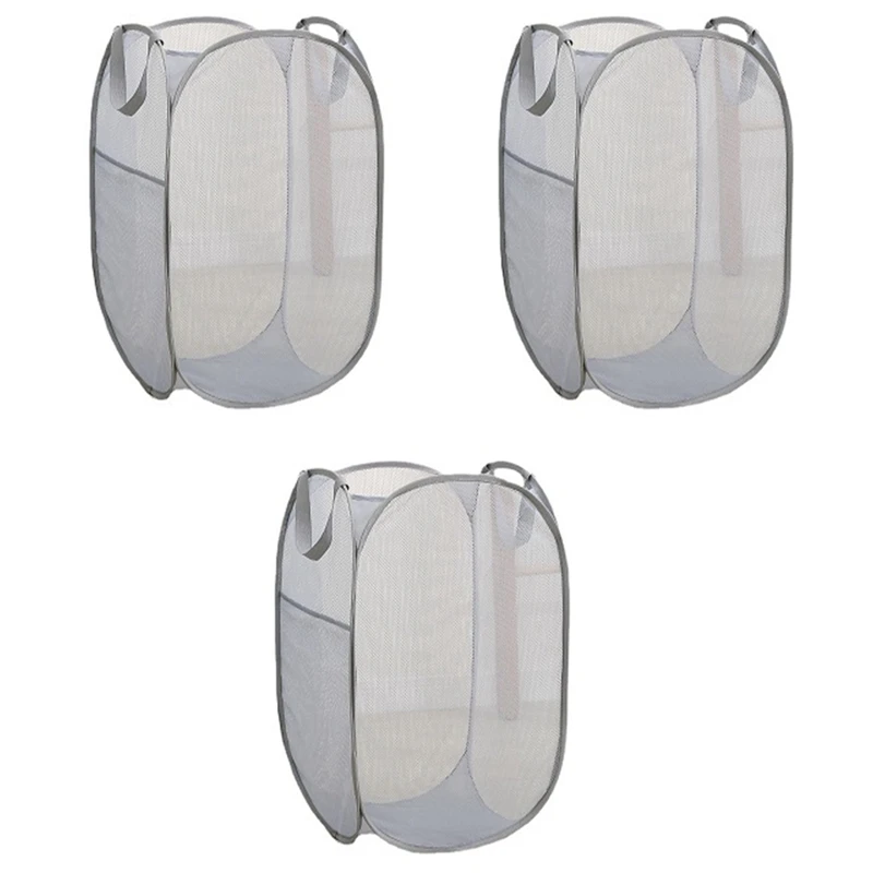 3 Pack Strong Mesh Up Laundry Hamper Collapsible Laundry Basket For Laundry With Side Pocket Reinforced Handles