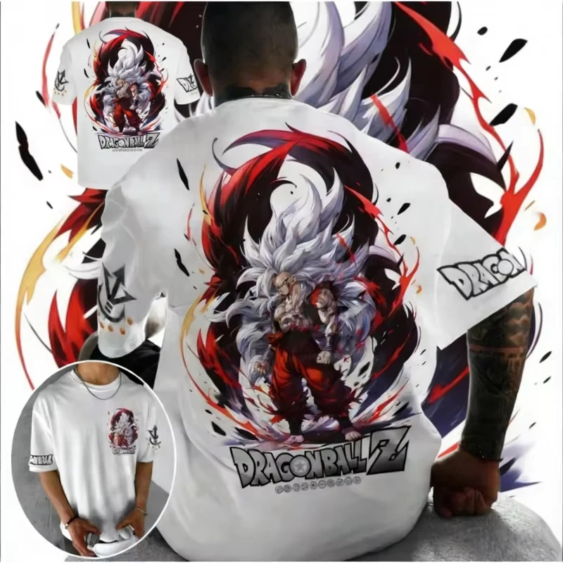 

2026 Summer Dragon Ball Z Goku White Hair Anime Graffiti Printed Cotton T-shirt Oversized Unisex Tees for DBZ Fans Streetwear