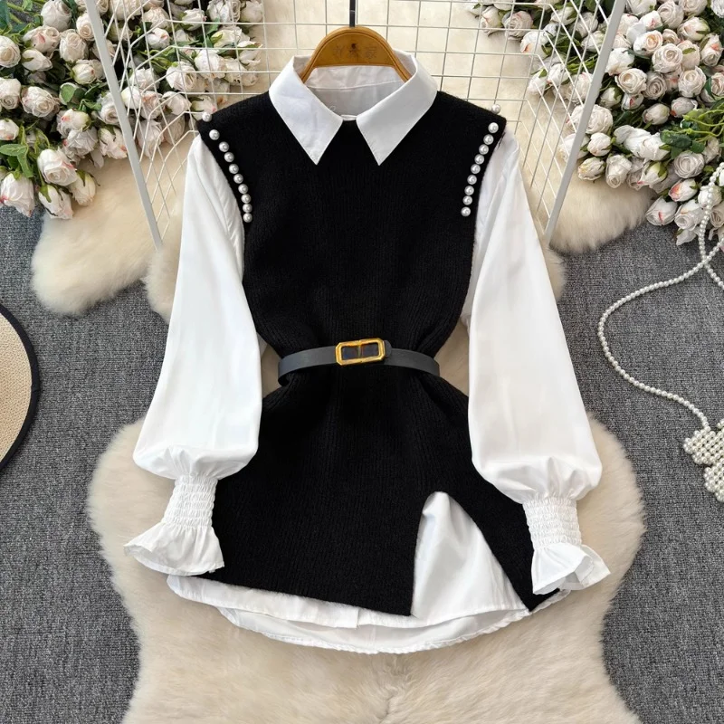 OCEANLOVE 2 Pieces Women Shirts&blouses Solid Beading Autumn Winter Korean Fashion Blusas Mujer Elegant Chic Sweet Camisas