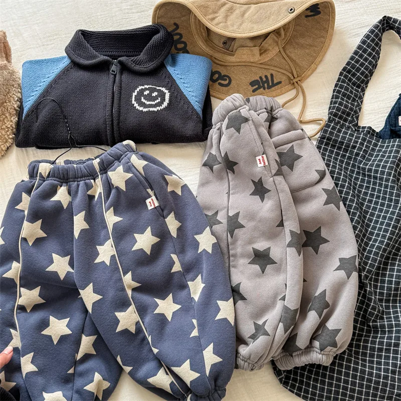 Winter Kids Boys Trousers Cotton Integrated Star Printed Infant Babys Boys Pants Fleece Thick Elastic Waist Little Boy Sweatpant